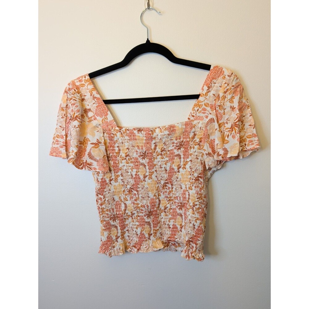 Japna Peach Boho Floral Smocked Square-Neck Crop Blouse Top Medium